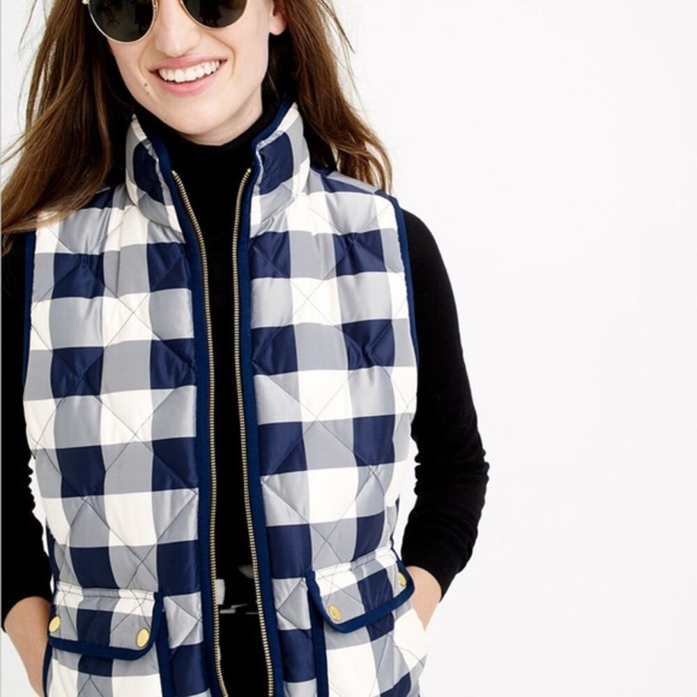 J Crew Excursion Vest Plaid Check Down Filled Quilted Fall Blue White Size S